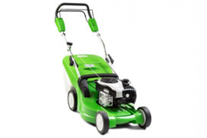 studio shot of green lawnmower